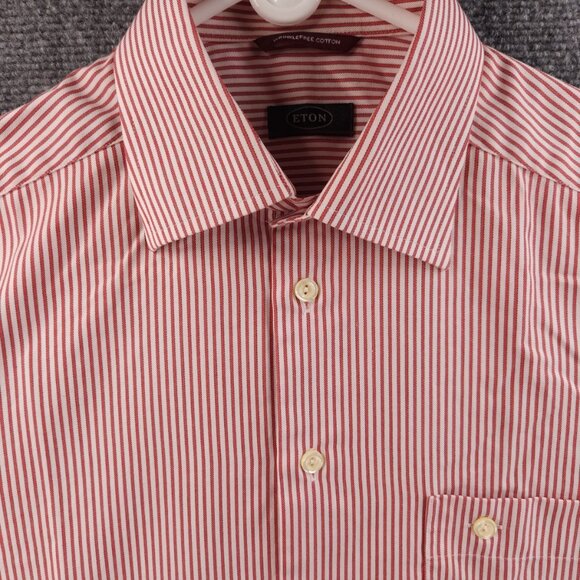 Eton Wrinkle Free Striped Cotton 15.5 Red Shirt Button Up Convertible Cuff Men - Picture 2 of 16